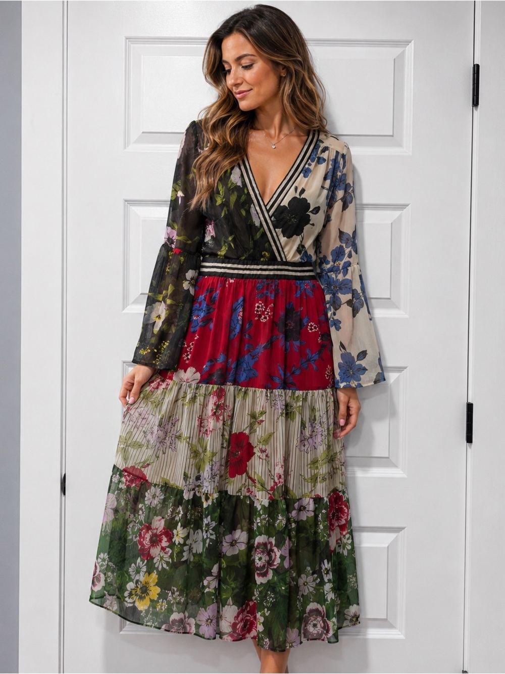 Kaktus Patchwork Floral Long Sleeve Tiered Color-block Dress